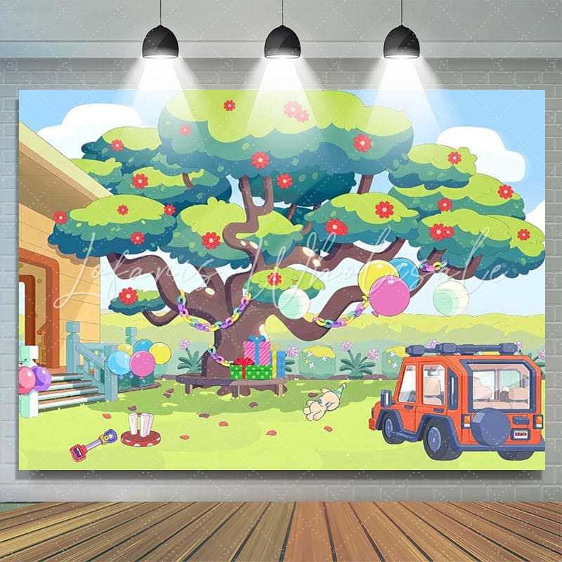 Cartoon Bluey Dog Garden Tree Birthday Backdrop For Parties