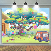Cartoon Bluey Dog Garden Tree Birthday Backdrop For Parties
