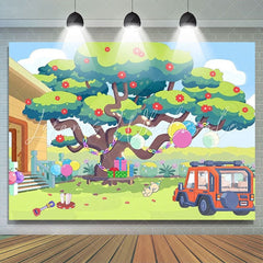 Cartoon Bluey Dog Garden Tree Birthday Backdrop For Parties