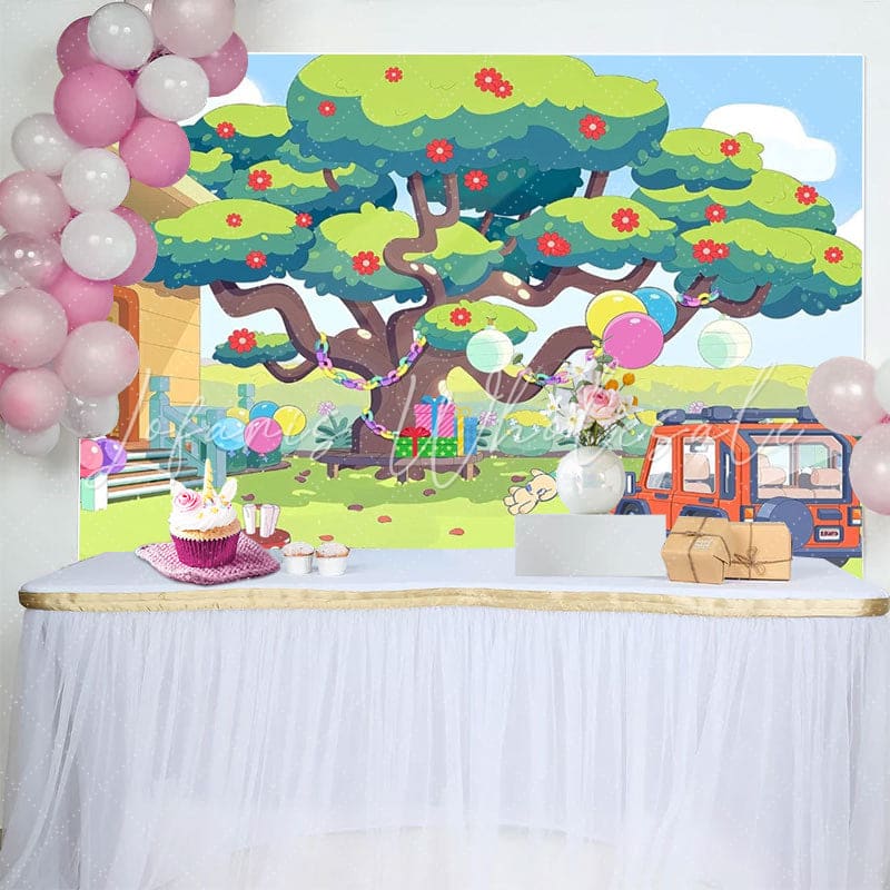 Cartoon Bluey Dog Garden Tree Birthday Backdrop For Parties