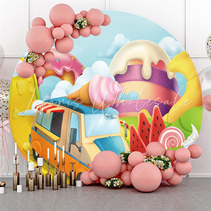 Lofaris Cartoon Car Ice Cream Happy Birthday Round Backdrop