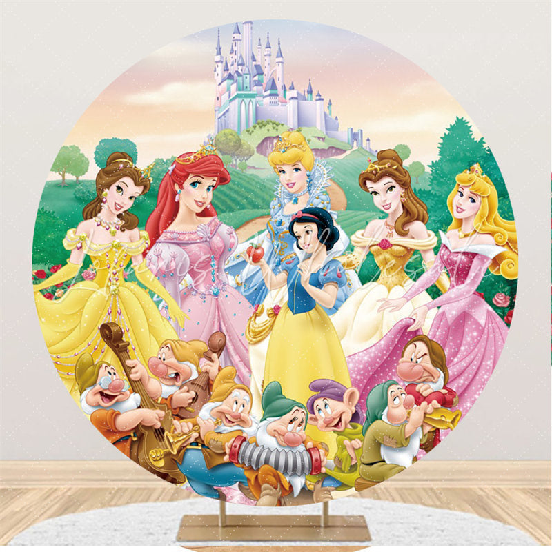 Lofaris Cartoon Castle And Princess Round Birthday Backdrop