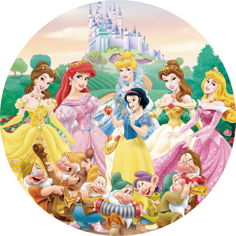 Lofaris Cartoon Castle And Princess Round Birthday Backdrop