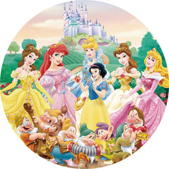 Lofaris Cartoon Castle And Princess Round Birthday Backdrop