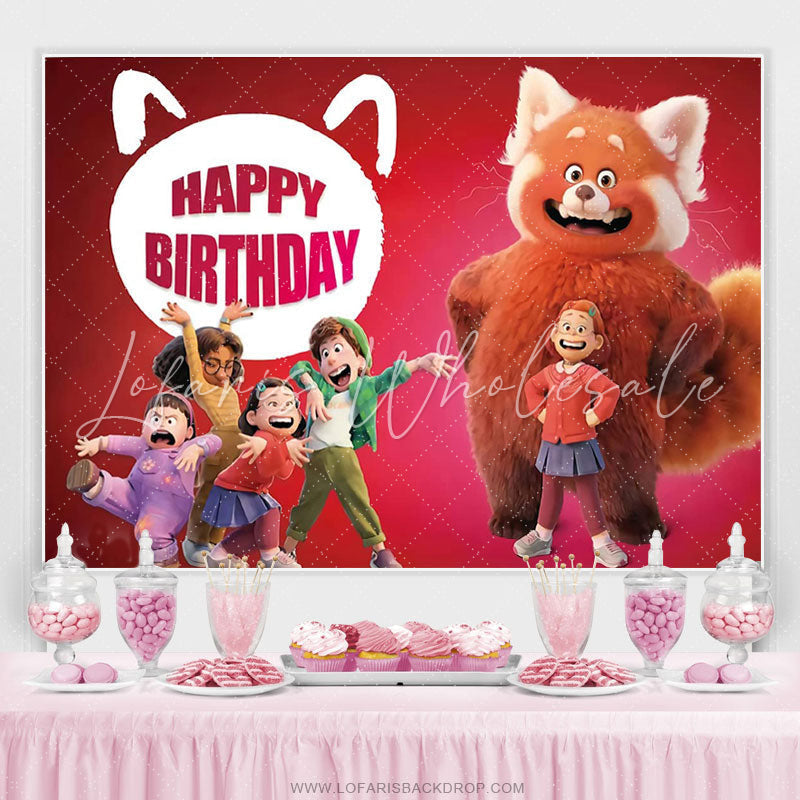 Lofaris Cartoon Cat And Little Kids Red Happy Birthday Backdrop