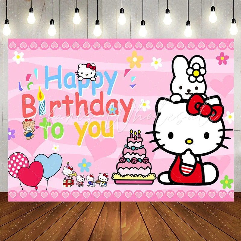 Lofaris Cartoon Cat Cake Balloon Happy Birthday Backdrop
