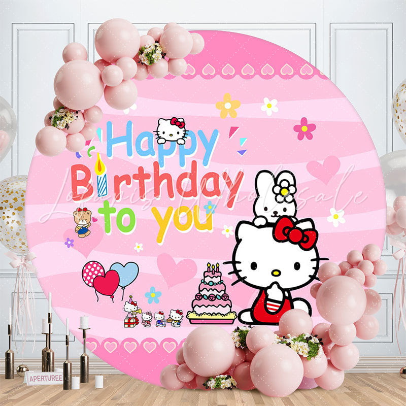 Lofaris Cartoon Cat Pink Round Birthday Backdrop For Girl