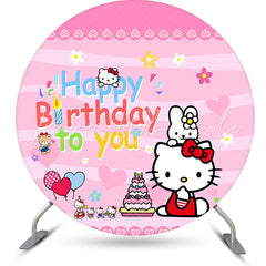 Lofaris Cartoon Cat Pink Round Birthday Backdrop For Girl