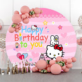 Lofaris Cartoon Cat Pink Round Birthday Backdrop For Girl