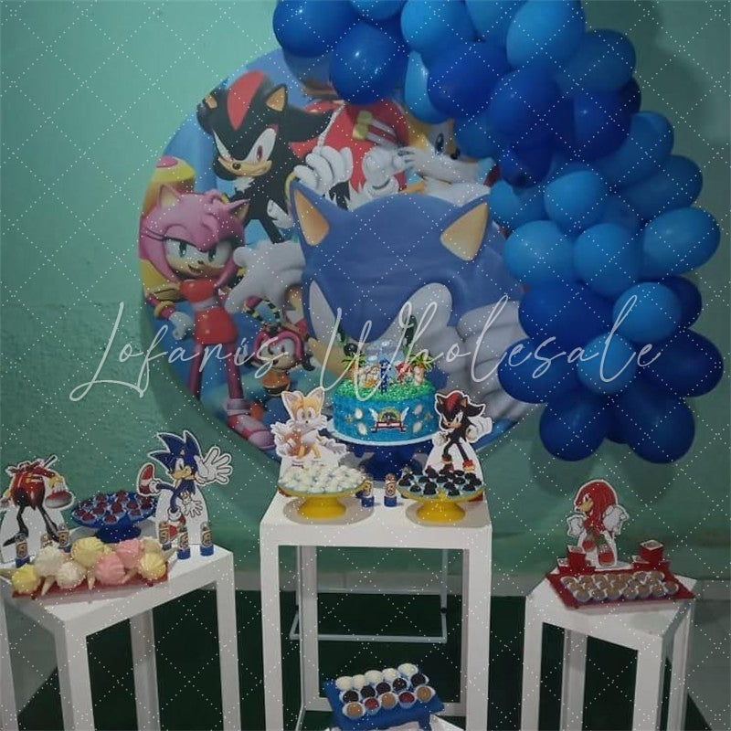 Lofaris Cartoon Cat Themed Blue Circle Happy Birthday Backdrop