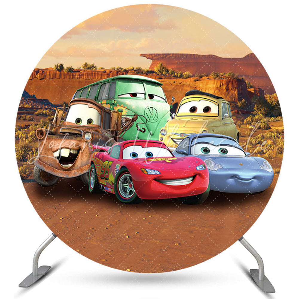 Lofaris Cartoon Colorful Cars Round Mountain Birthday Backdrop