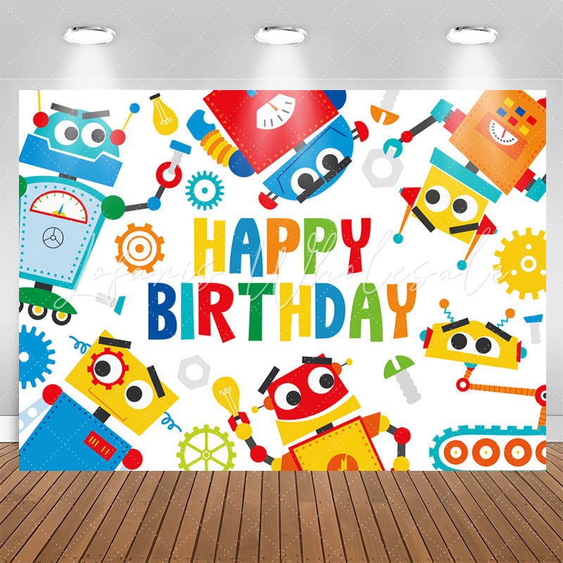 Lofaris Cartoon Colorful Robots Happy Birthday Backdrop
