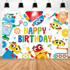 Lofaris Cartoon Colorful Robots Happy Birthday Backdrop