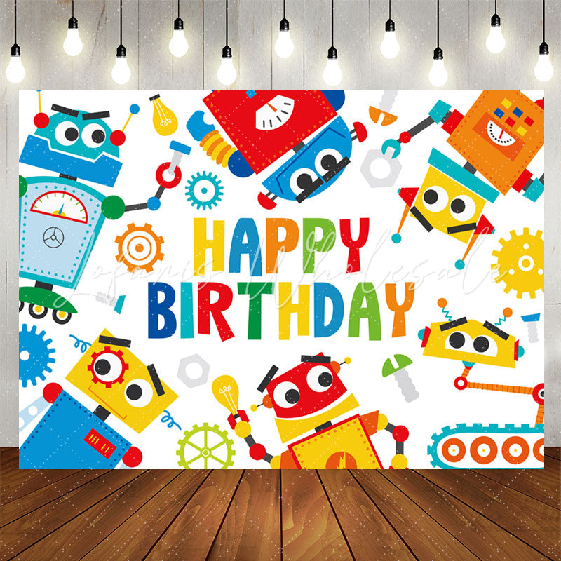 Lofaris Cartoon Colorful Robots Happy Birthday Backdrop