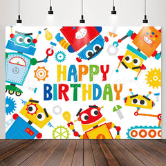Lofaris Cartoon Colorful Robots Happy Birthday Backdrop