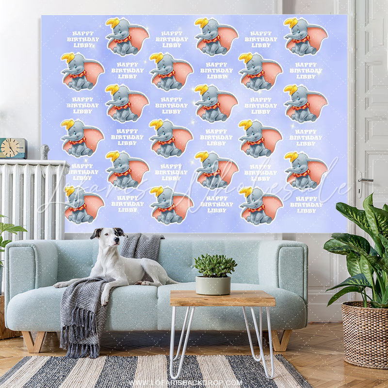 Lofaris Cartoon Cute Elephant Purple Happy Birthday Backdrop