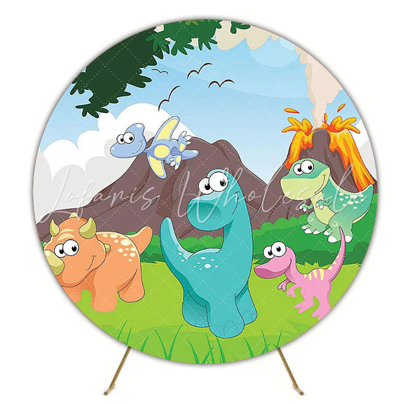 Cartoon Dinosaurs Adventure Round Backdrop for Kids Party