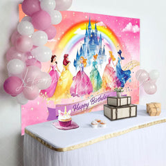 Cartoon Disney Rainbow Castle Princess Birthday Party Backdrop For Girls
