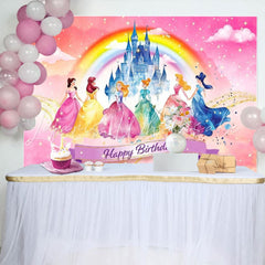 Cartoon Disney Rainbow Castle Princess Birthday Party Backdrop For Girls