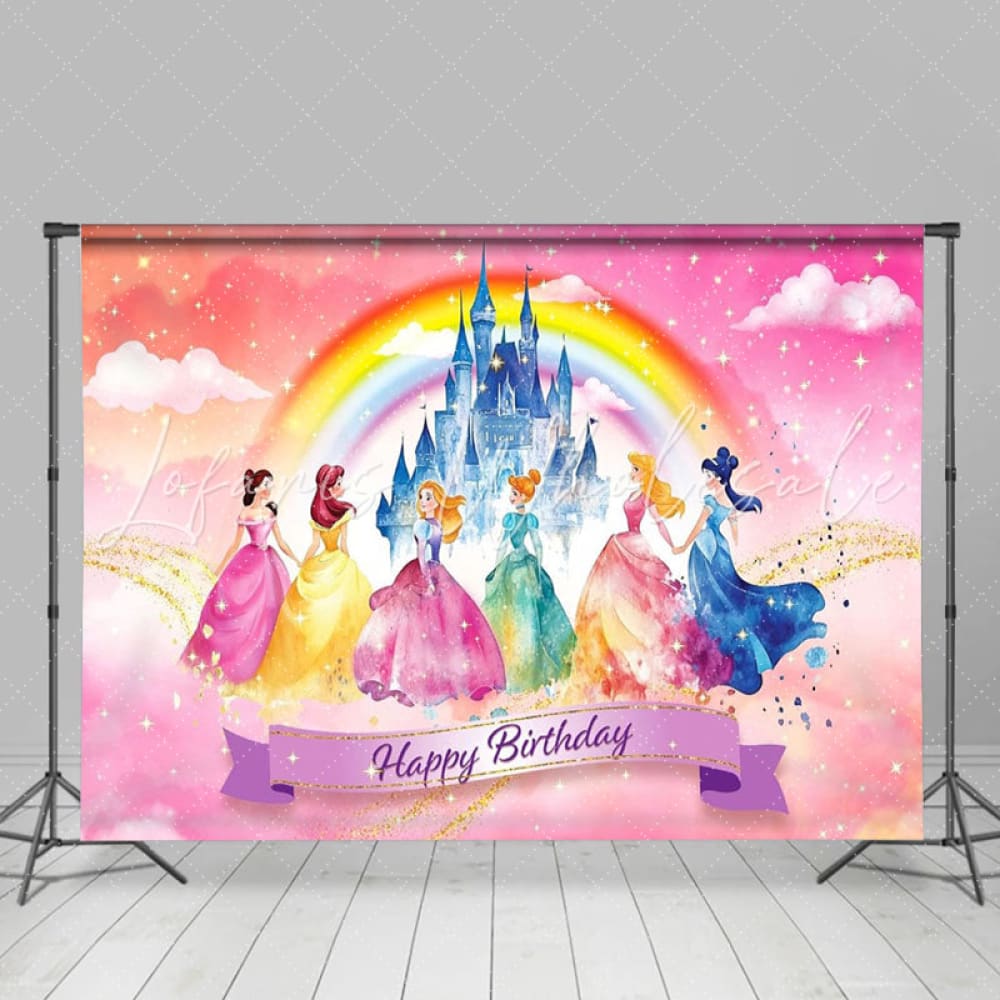 Cartoon Disney Rainbow Castle Princess Birthday Party Backdrop For Girls