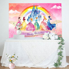 Cartoon Disney Rainbow Castle Princess Birthday Party Backdrop For Girls