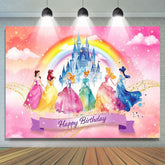 Cartoon Disney Rainbow Castle Princess Birthday Party Backdrop For Girls