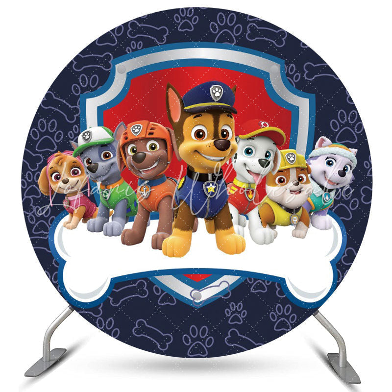 Lofaris Cartoon Dogs And Bone Round Navy Blue Birthday Backdrop