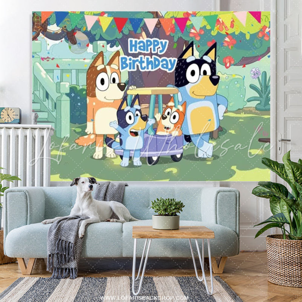 Lofaris Cartoon Dogs Green Yard Happy Birthday Backdrop