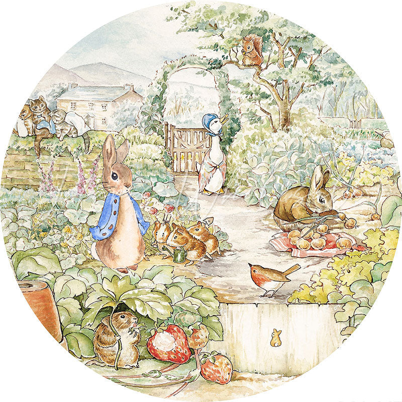 Lofaris Cartoon Farm House And Rabbit Round Birthday Backdrop Kit