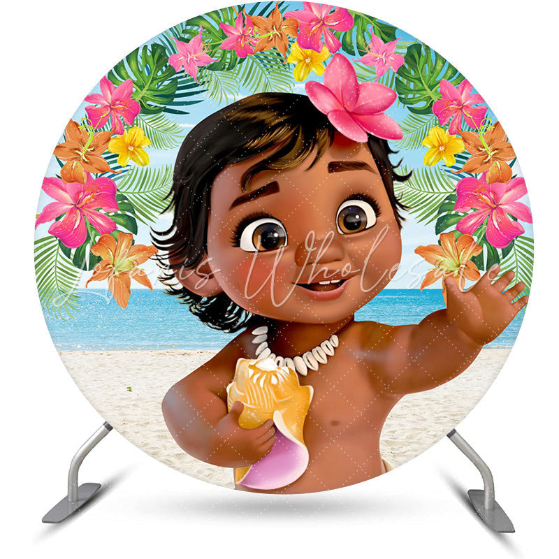 Lofaris Cartoon Floral Little Girl Round Birthday Party Backdrop Kit