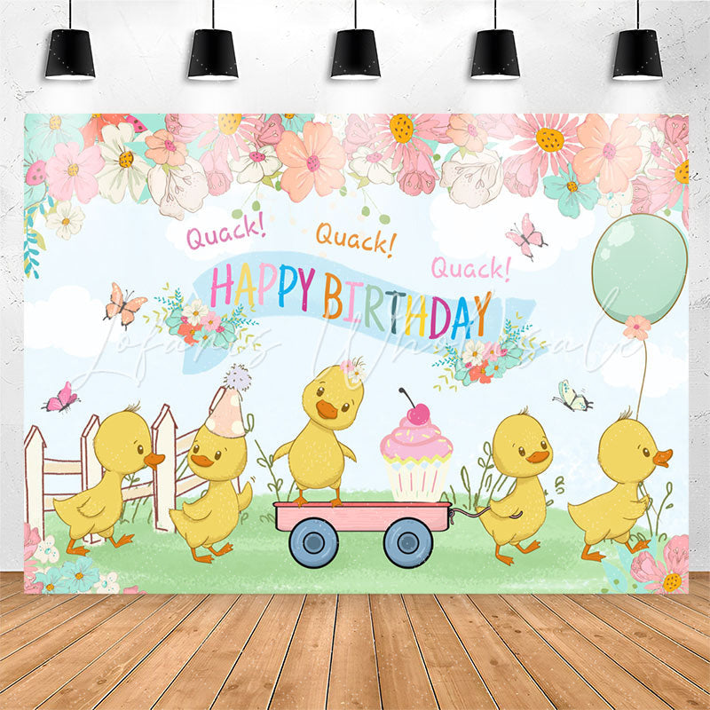 Lofaris Cartoon Floral Yellow Duck Happy Birthday Backdrop