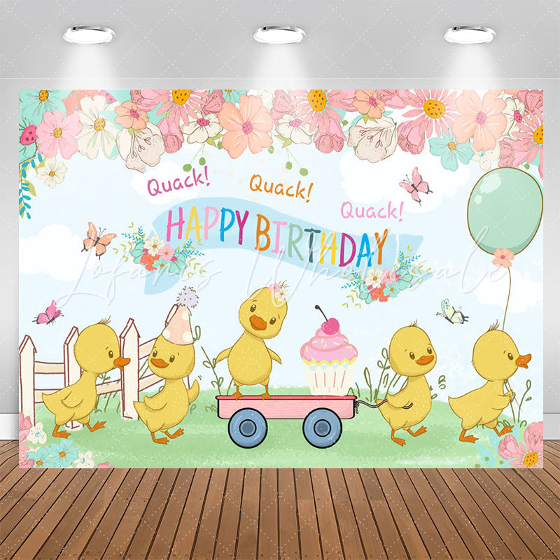Lofaris Cartoon Floral Yellow Duck Happy Birthday Backdrop