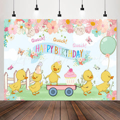 Lofaris Cartoon Floral Yellow Duck Happy Birthday Backdrop