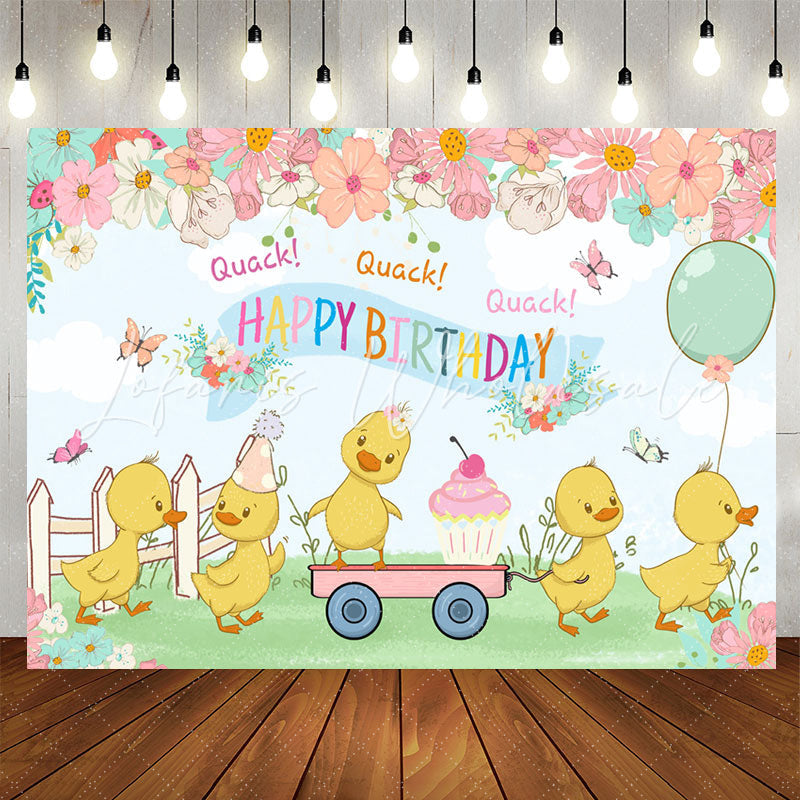 Lofaris Cartoon Floral Yellow Duck Happy Birthday Backdrop