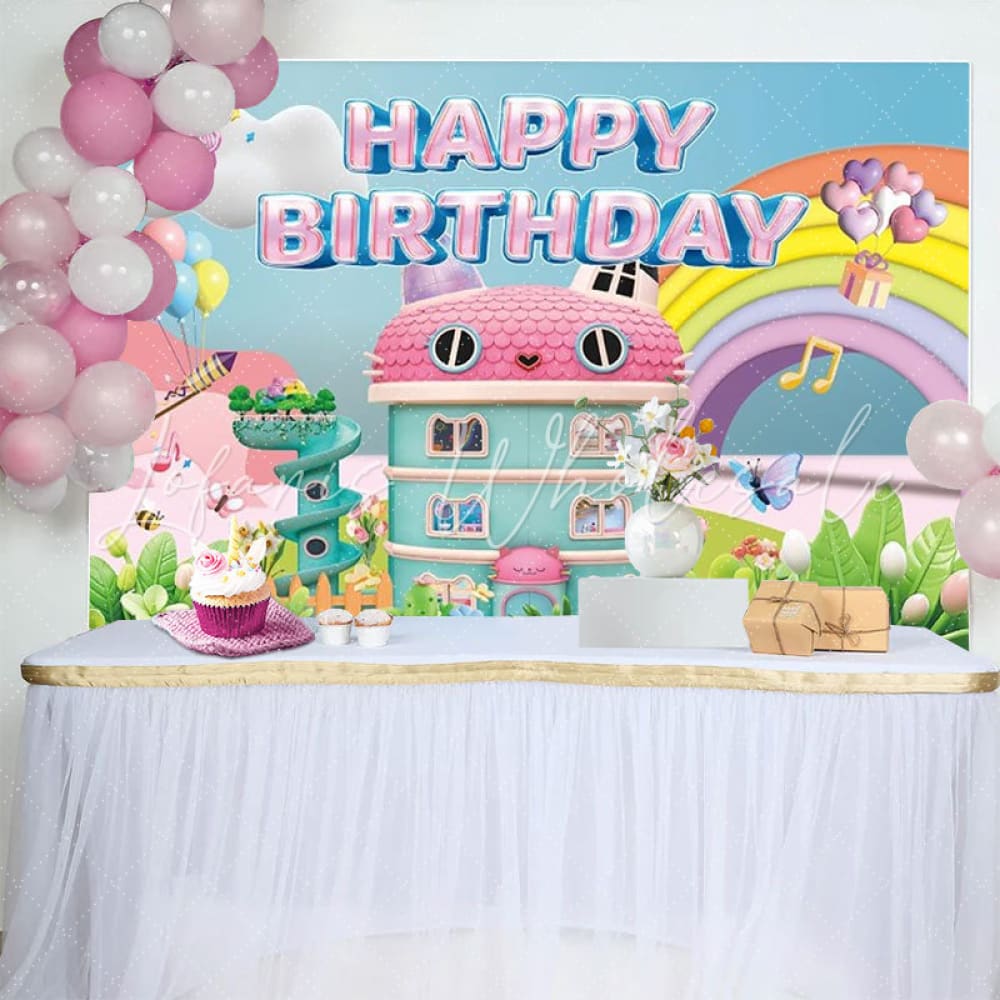 Cartoon Gabby Happy Birthday Decorations Backdrop For Girls