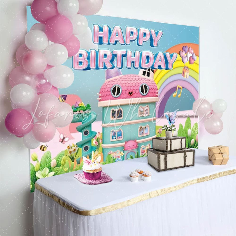 Cartoon Gabby Happy Birthday Decorations Backdrop For Girls