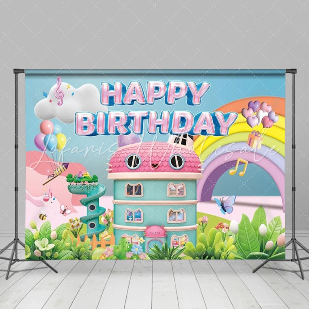 Cartoon Gabby Happy Birthday Decorations Backdrop For Girls