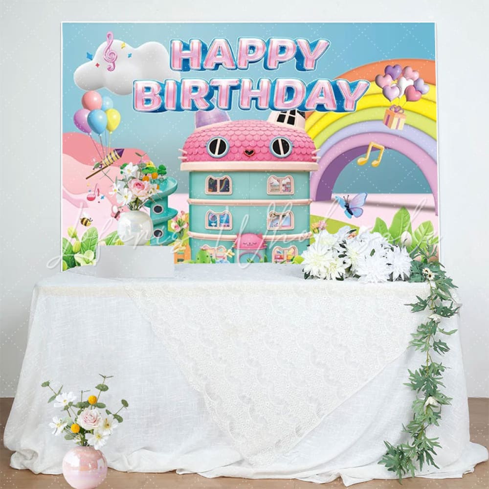 Cartoon Gabby Happy Birthday Decorations Backdrop For Girls