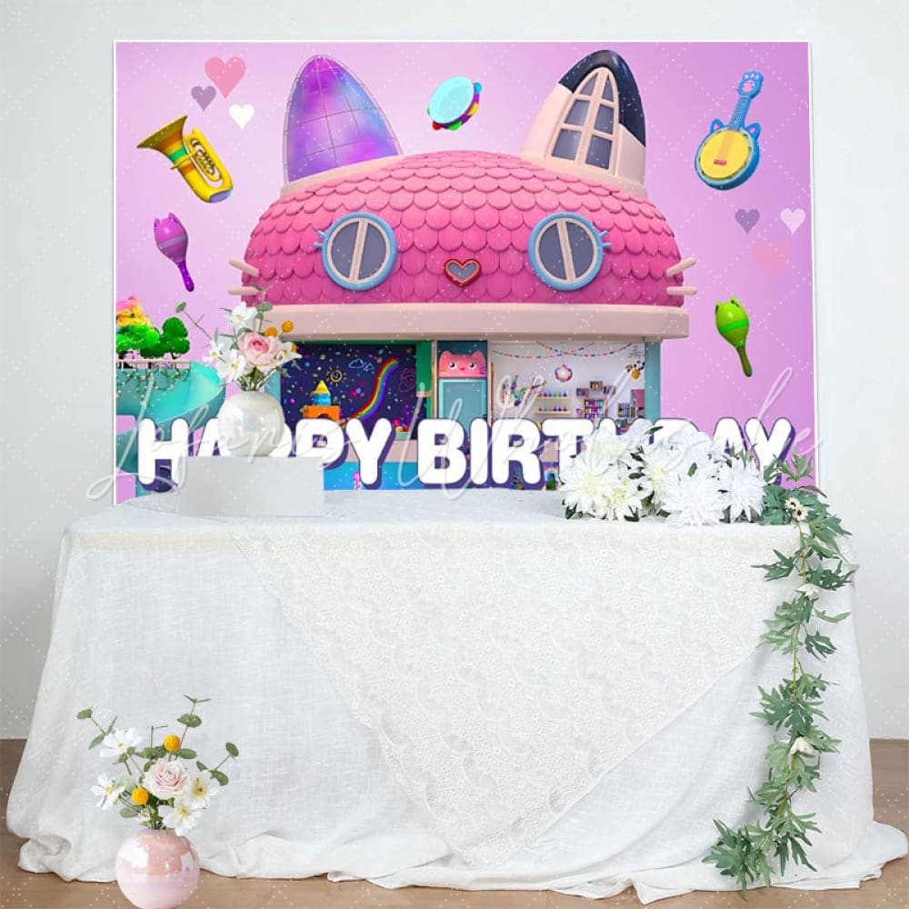 Cartoon Gabbys Cute Cat Dollhouse Birthday Photography Backdrop