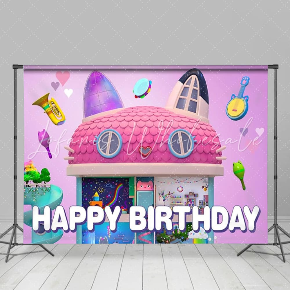 Cartoon Gabbys Cute Cat Dollhouse Birthday Photography Backdrop