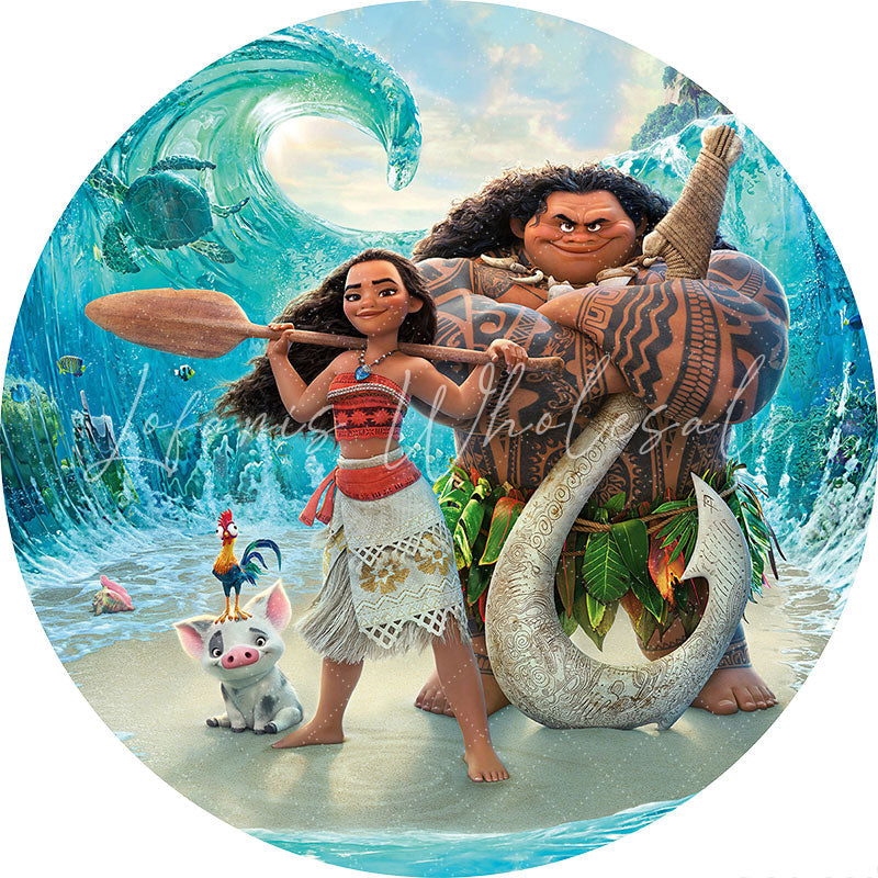 Lofaris Cartoon Girl And Man Round Sea Birthday Backdrop Kit