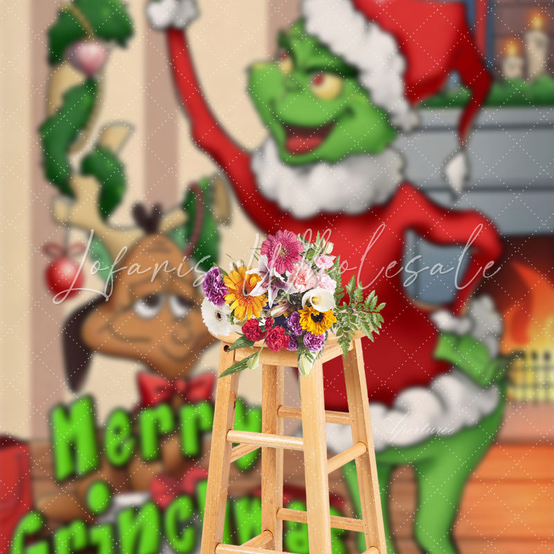Lofaris Cartoon Green Elf Grinch Puppy Christmas Backdrop