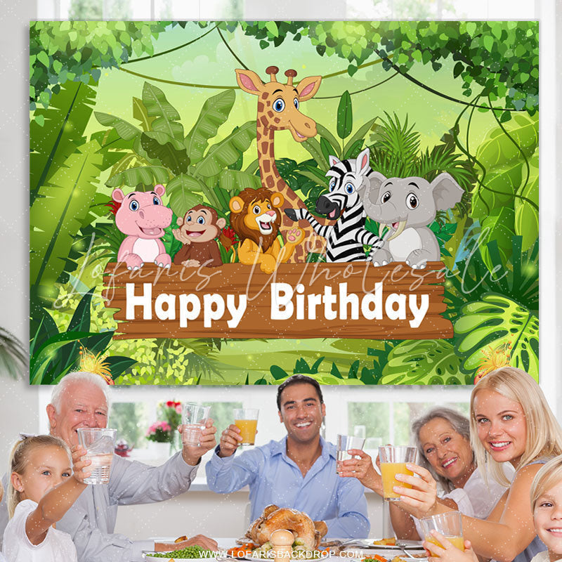Lofaris Cartoon Green Forest Animals Happy Birthday Backdrop