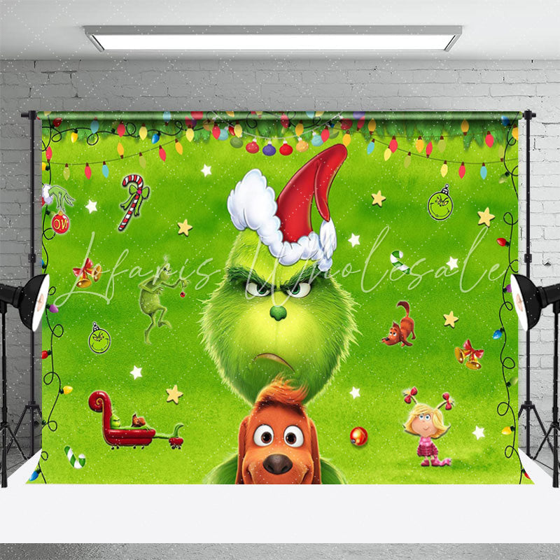 Lofaris Cartoon Green Stuffed Monster Dog Christmas Backdrop