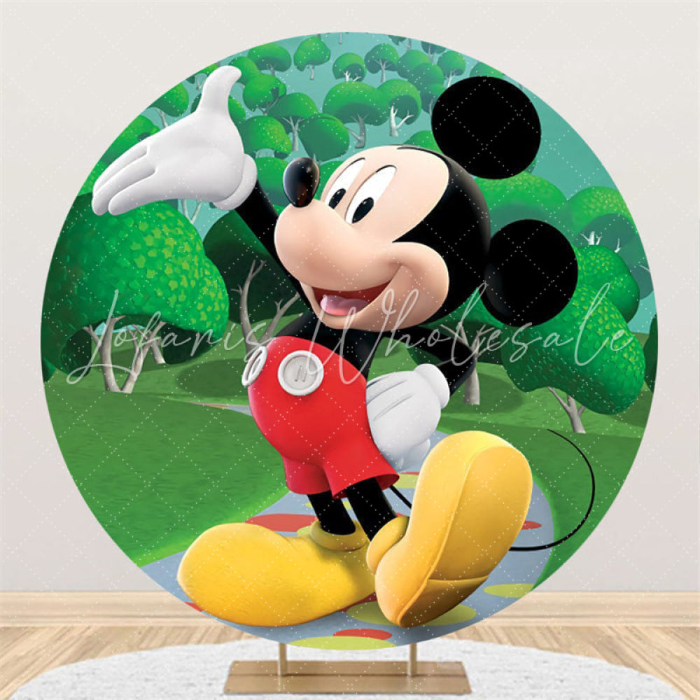 Lofaris Cartoon Green Trees Round Mouse Birthday Backdrop