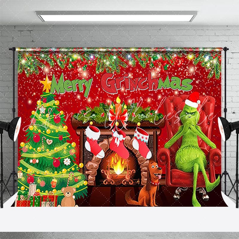 Lofaris Cartoon Grinch Puppy Fireplace Tree Xmas Backdrop