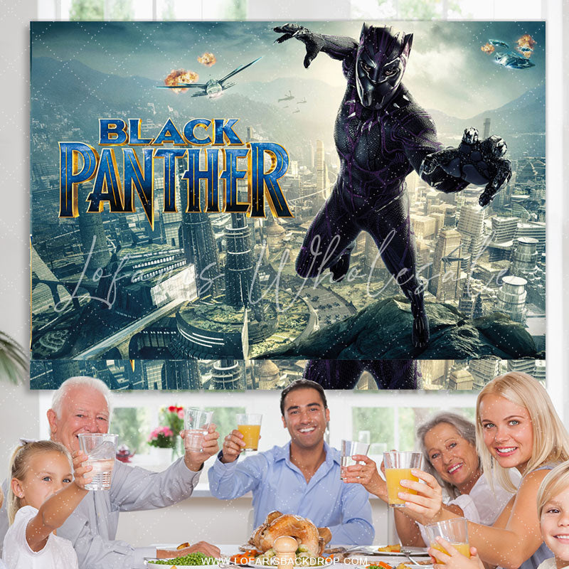 Lofaris Cartoon Hero Modern City Happy Birthday Backdrop