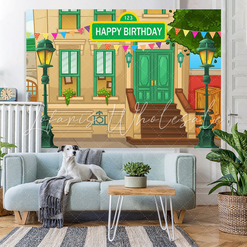 Lofaris Cartoon House And Green Lamp Happy Birthday Backdrop