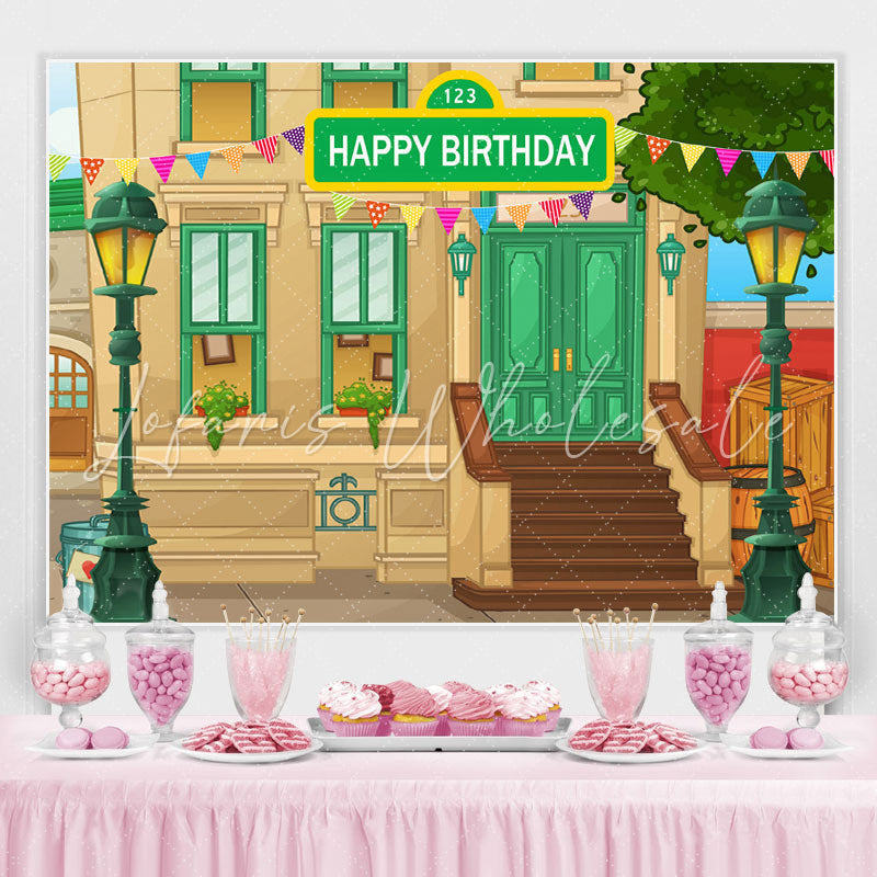 Lofaris Cartoon House And Green Lamp Happy Birthday Backdrop