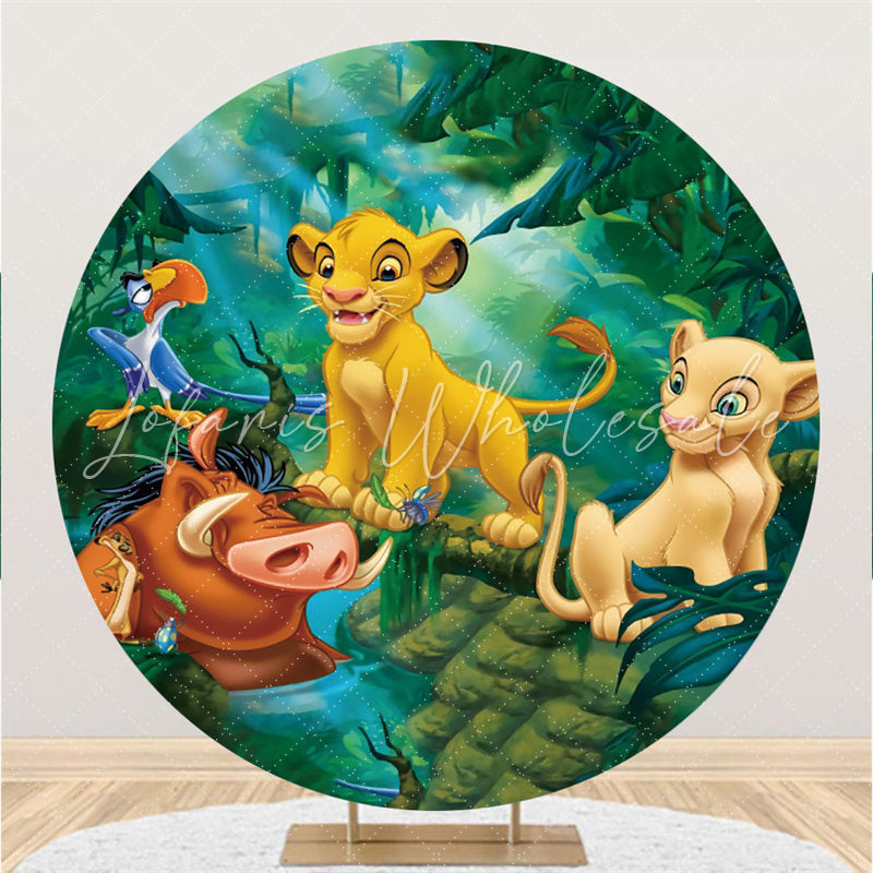 Lofaris Cartoon Jungle Forest Animals Round Birthday Backdrop